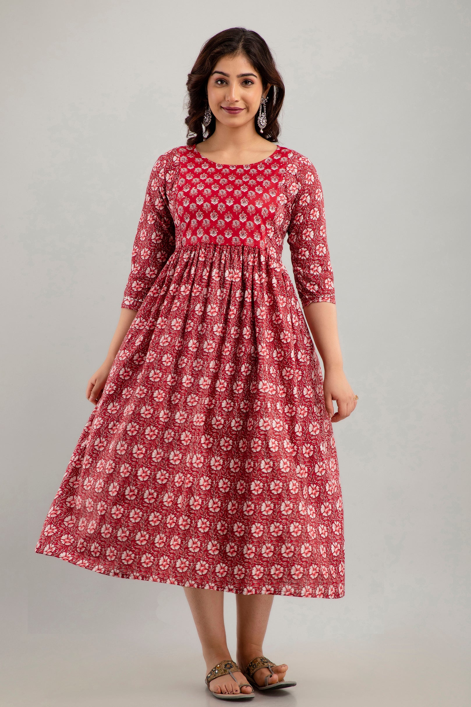 Majestic divas Cotton Maroon Floral Maternity Feeding Kurta Dress with Dual Zippers Main image