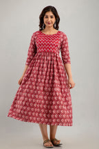 Majestic divas Cotton Maroon Floral Maternity Feeding Kurta Dress with Dual Zippers