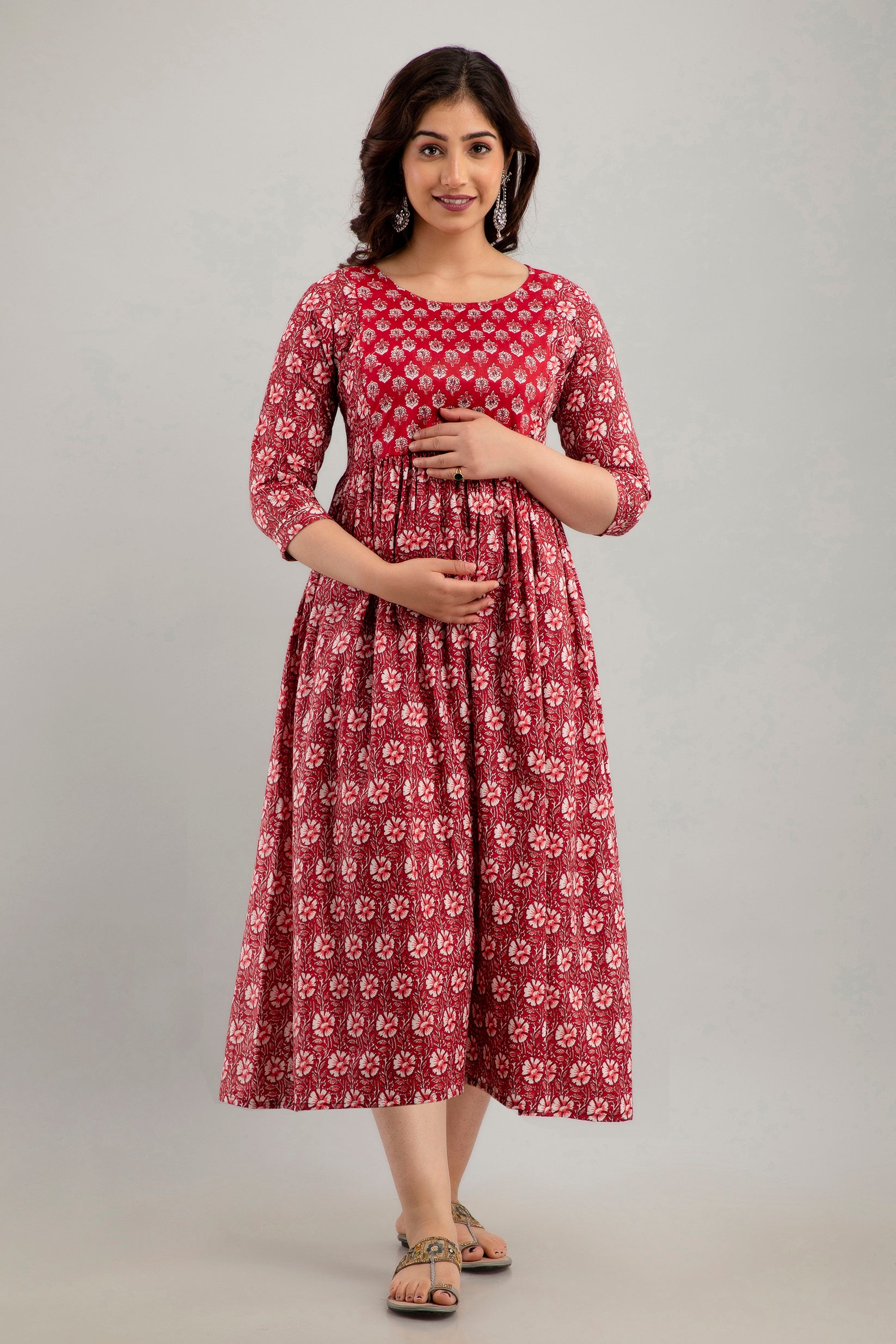 Majestic divas Cotton Maroon Floral Maternity Feeding Kurta Dress with Dual Zippers Secondary image