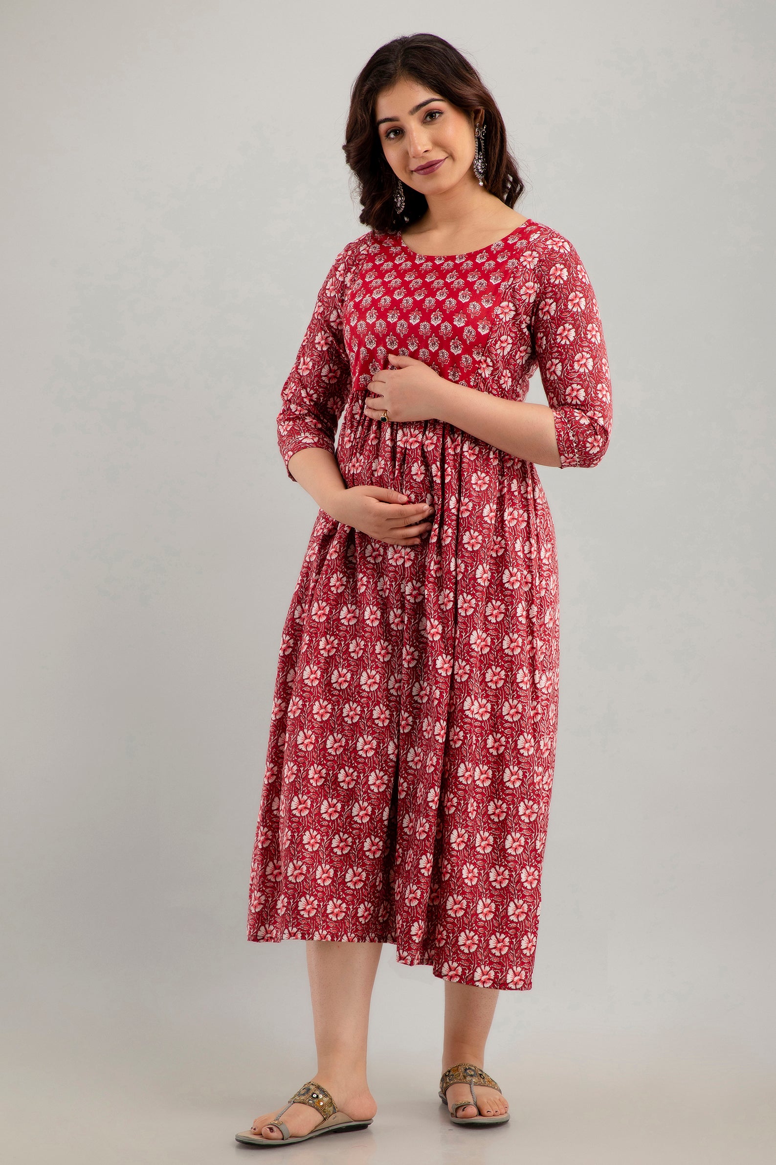 Majestic divas Cotton Maroon Floral Maternity Feeding Kurta Dress with Dual Zippers