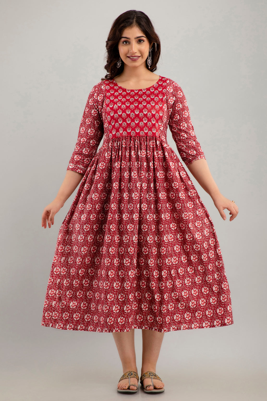 Majestic divas Cotton Maroon Floral Maternity Feeding Kurta Dress with Dual Zippers
