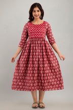 Majestic divas Cotton Maroon Floral Maternity Feeding Kurta Dress with Dual Zippers