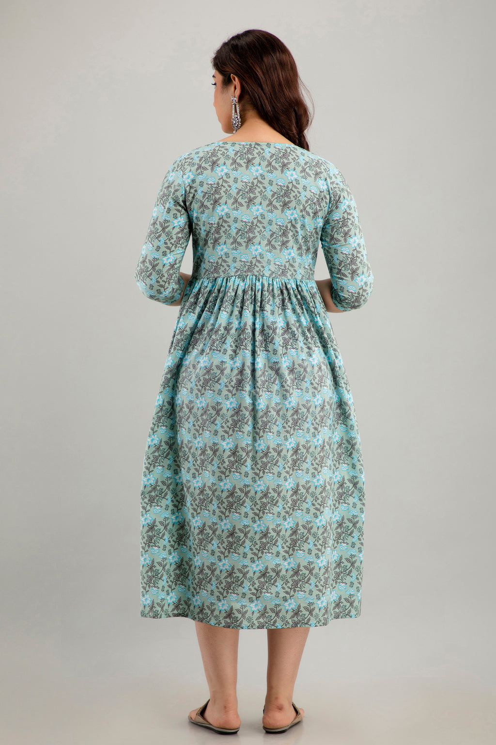 Majestic divas Cotton Mint Green Floral Maternity Feeding Kurta Dress with Dual Zippers