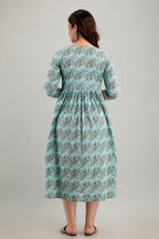Majestic divas Cotton Mint Green Floral Maternity Feeding Kurta Dress with Dual Zippers