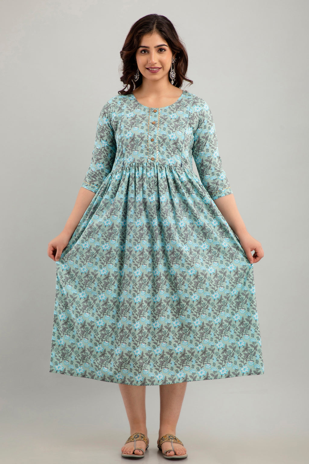 Majestic divas Cotton Mint Green Floral Maternity Feeding Kurta Dress with Dual Zippers