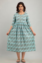 Majestic divas Cotton Mint Green Floral Maternity Feeding Kurta Dress with Dual Zippers