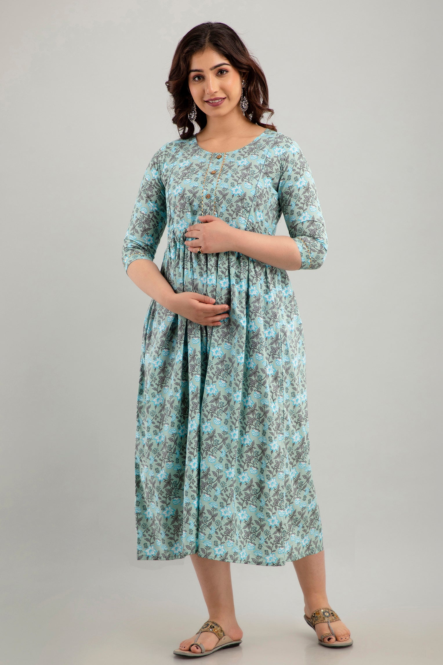 Majestic divas Cotton Mint Green Floral Maternity Feeding Kurta Dress with Dual Zippers