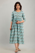 Majestic divas Cotton Mint Green Floral Maternity Feeding Kurta Dress with Dual Zippers