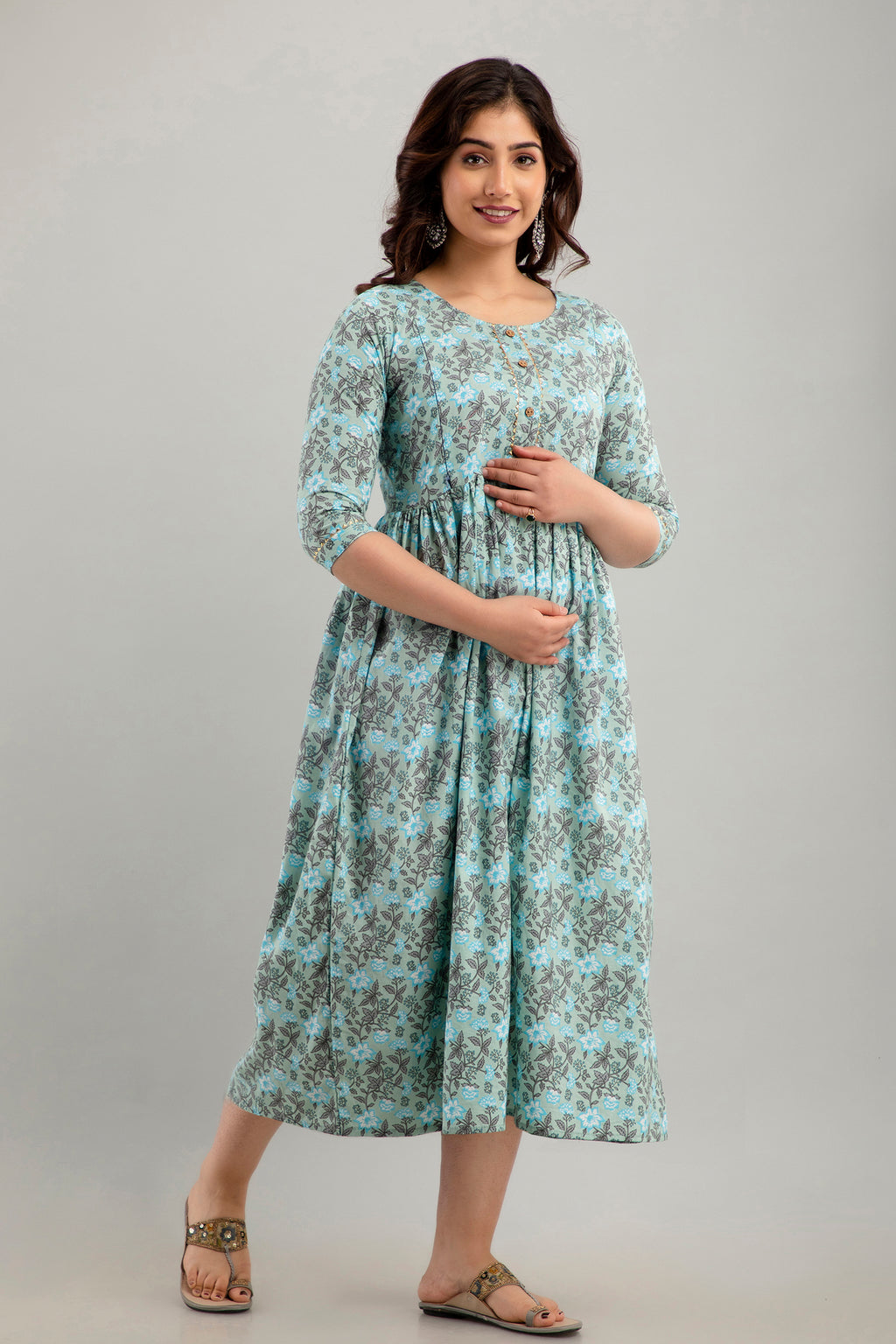 Majestic divas Cotton Mint Green Floral Maternity Feeding Kurta Dress with Dual Zippers