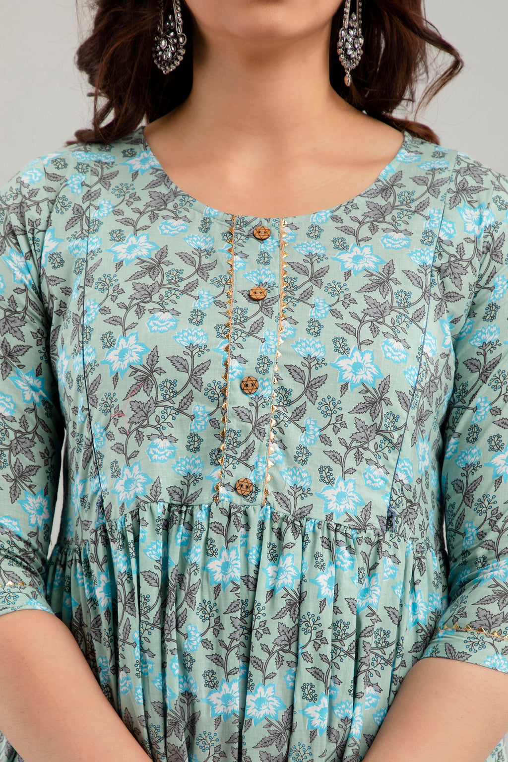 Majestic divas Cotton Mint Green Floral Maternity Feeding Kurta Dress with Dual Zippers