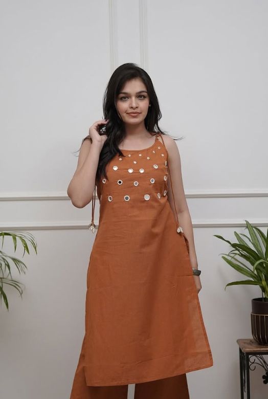 Rust Brown Cotton Spaghetti Strap Co-ord Set with Mirror Work