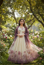 Ivory Cream Floral Digital Print Chiffon Ghera Dupatta Set