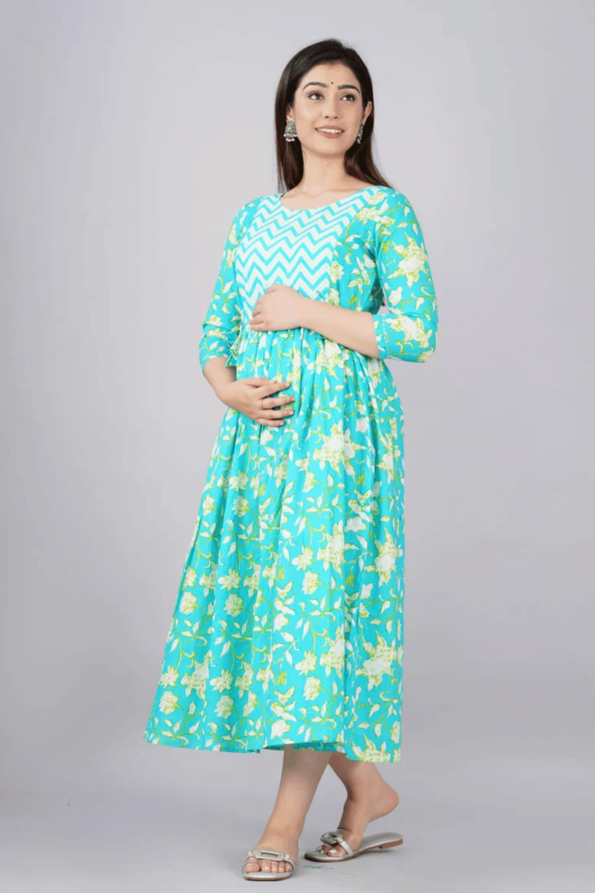 Majestic divas Cotton Aqua Blue Floral Maternity Feeding Kurta Dress with Dual Zippers Main image
