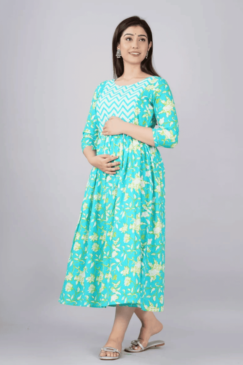 Majestic divas Cotton Aqua Blue Floral Maternity Feeding Kurta Dress with Dual Zippers