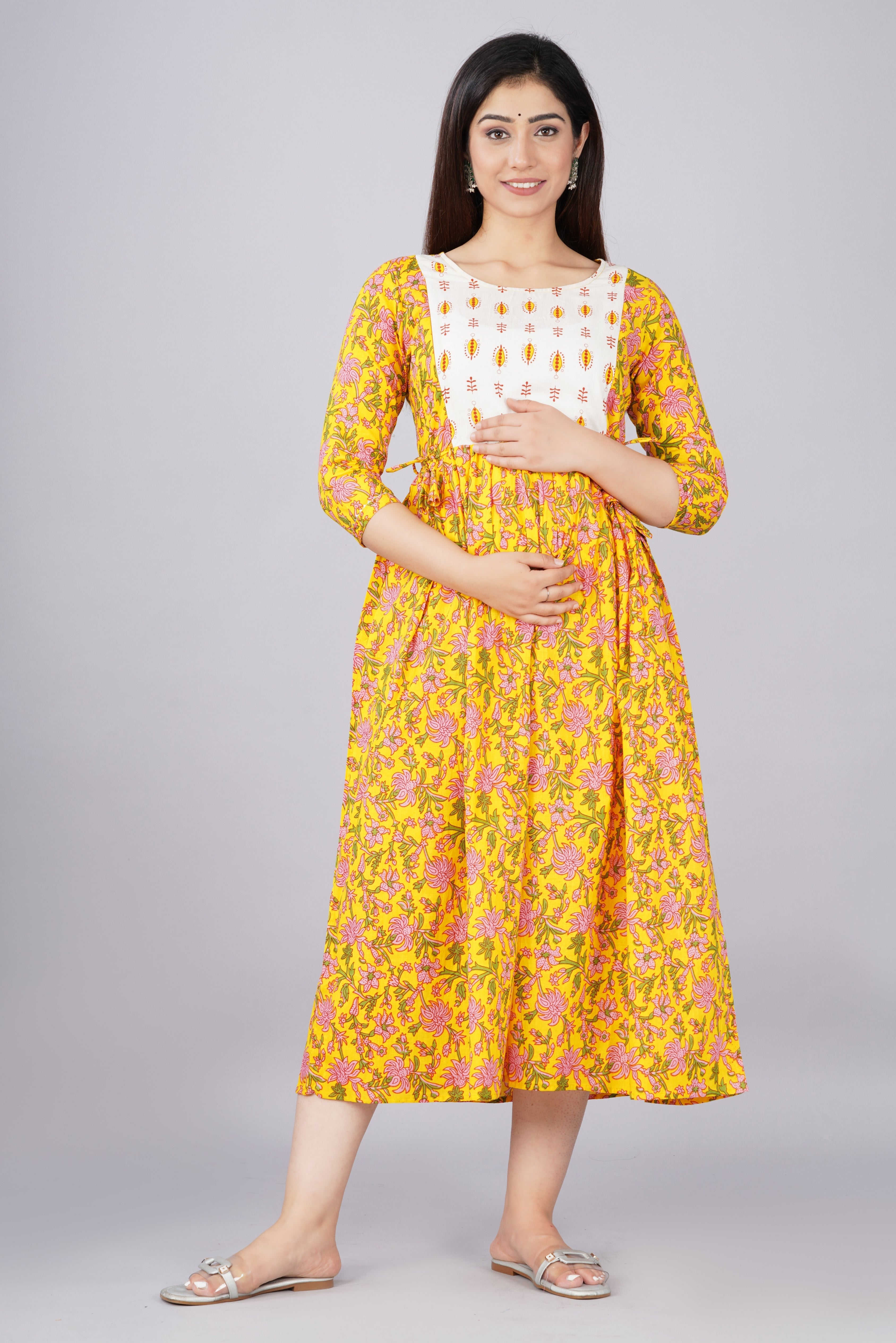 Majestic divas Cotton Yellow Pink Floral Allover Printed Maternity Feeding Kurta Dress with Dual Zippers Main image