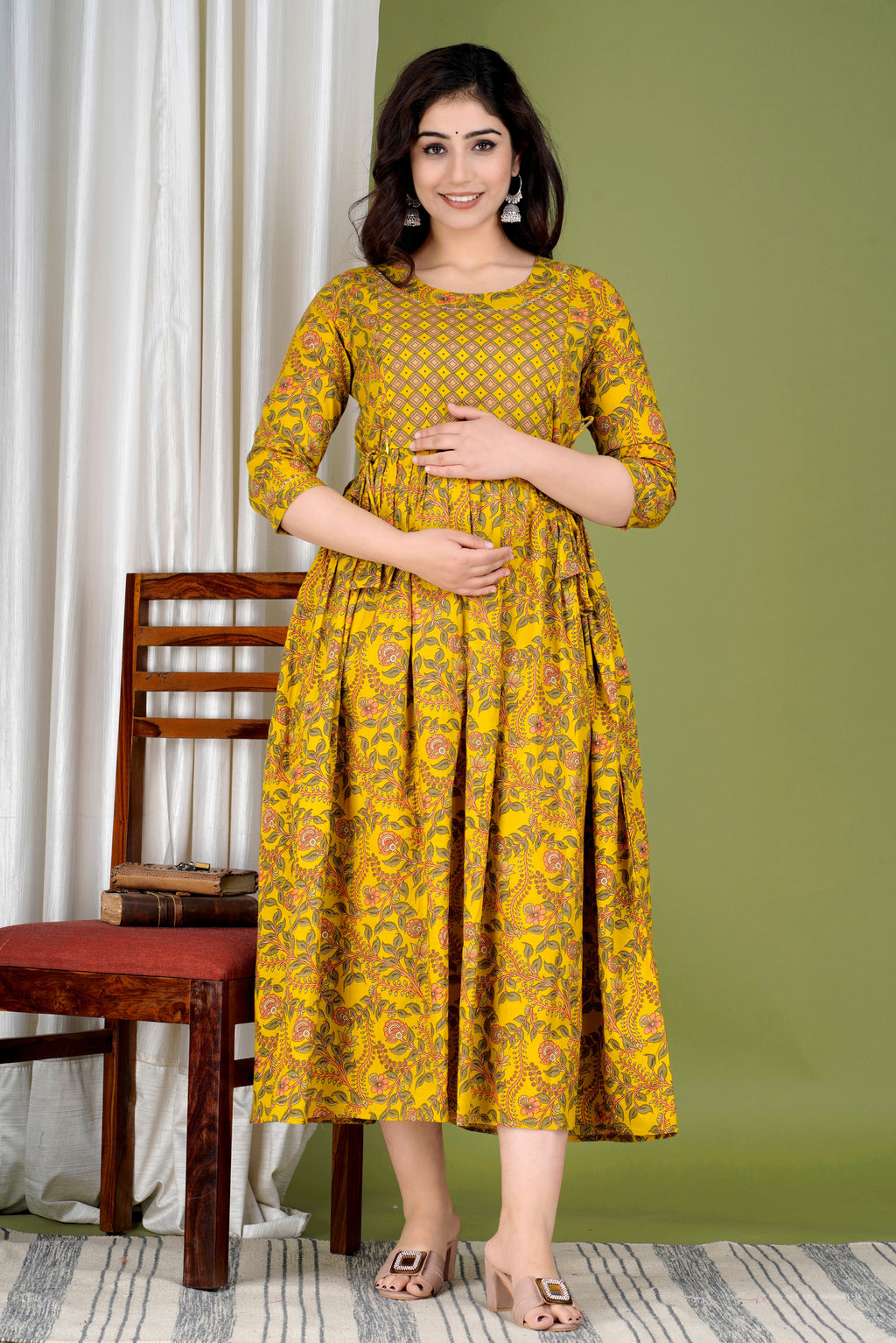 Majestic divas Cotton Mustard Yellow Floral Vine Printed Maternity Feeding Kurta Dress with Dual Zippers
