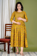 Majestic divas Cotton Mustard Yellow Floral Vine Printed Maternity Feeding Kurta Dress with Dual Zippers
