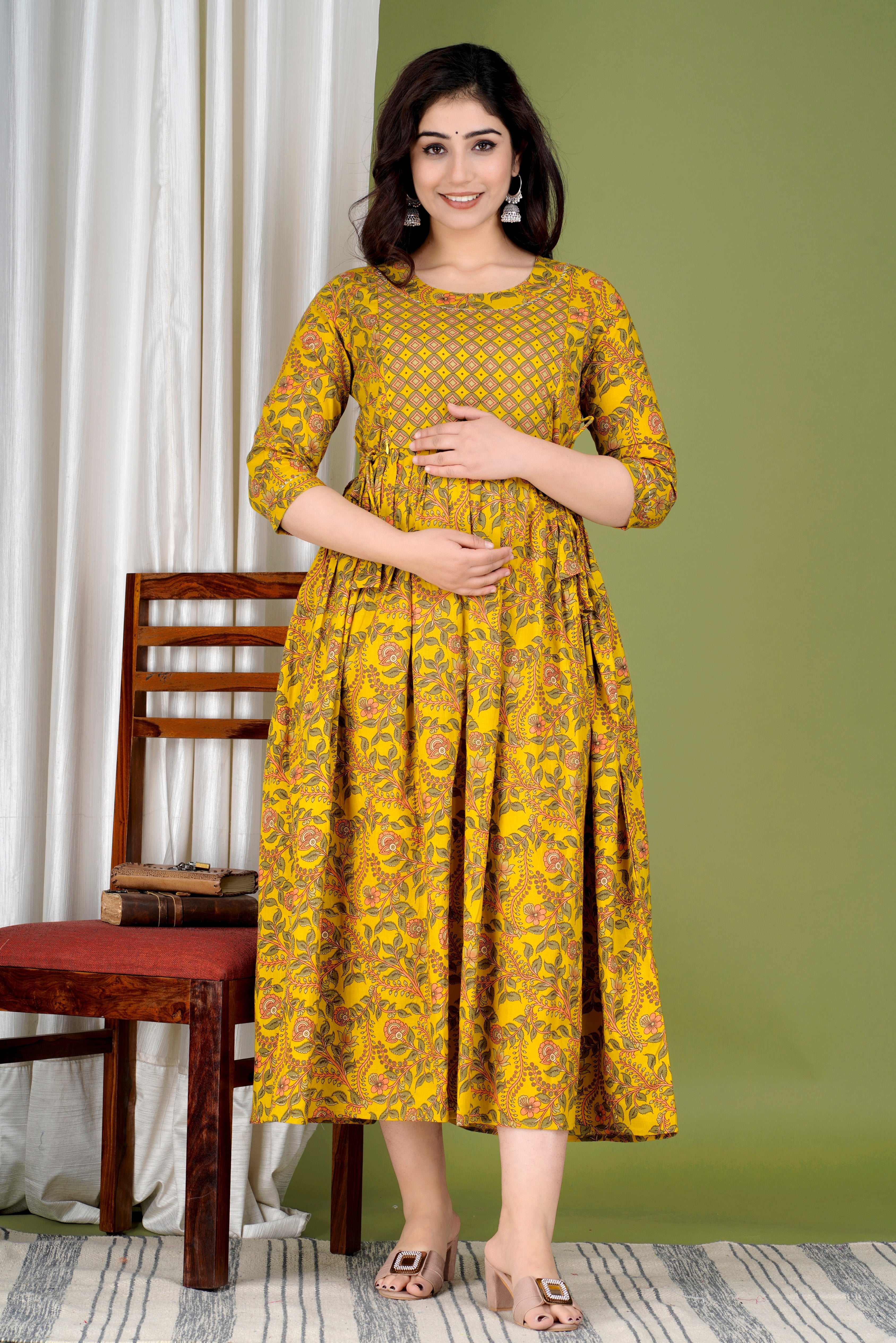 Majestic divas Cotton Mustard Yellow Floral Vine Printed Maternity Feeding Kurta Dress with Dual Zippers