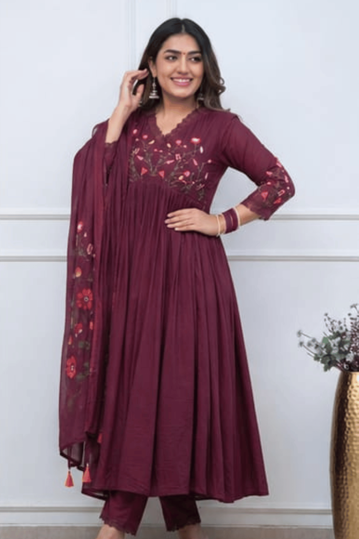Majestic Divas Royal Wine Embroidered Anarkali Dupatta Set Secondary image