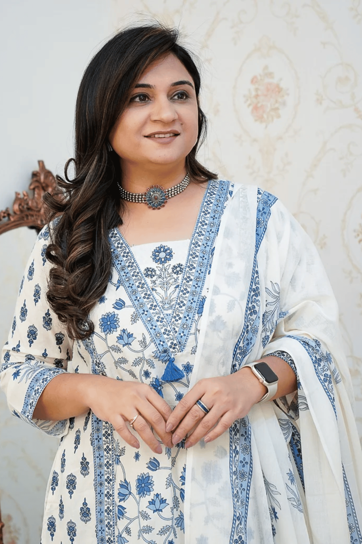 Majestic Diva's White & Blue Printed Dupatta Set Secondary image