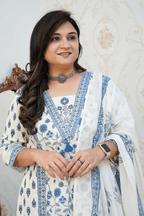 Majestic Diva's White & Blue Printed Dupatta Set