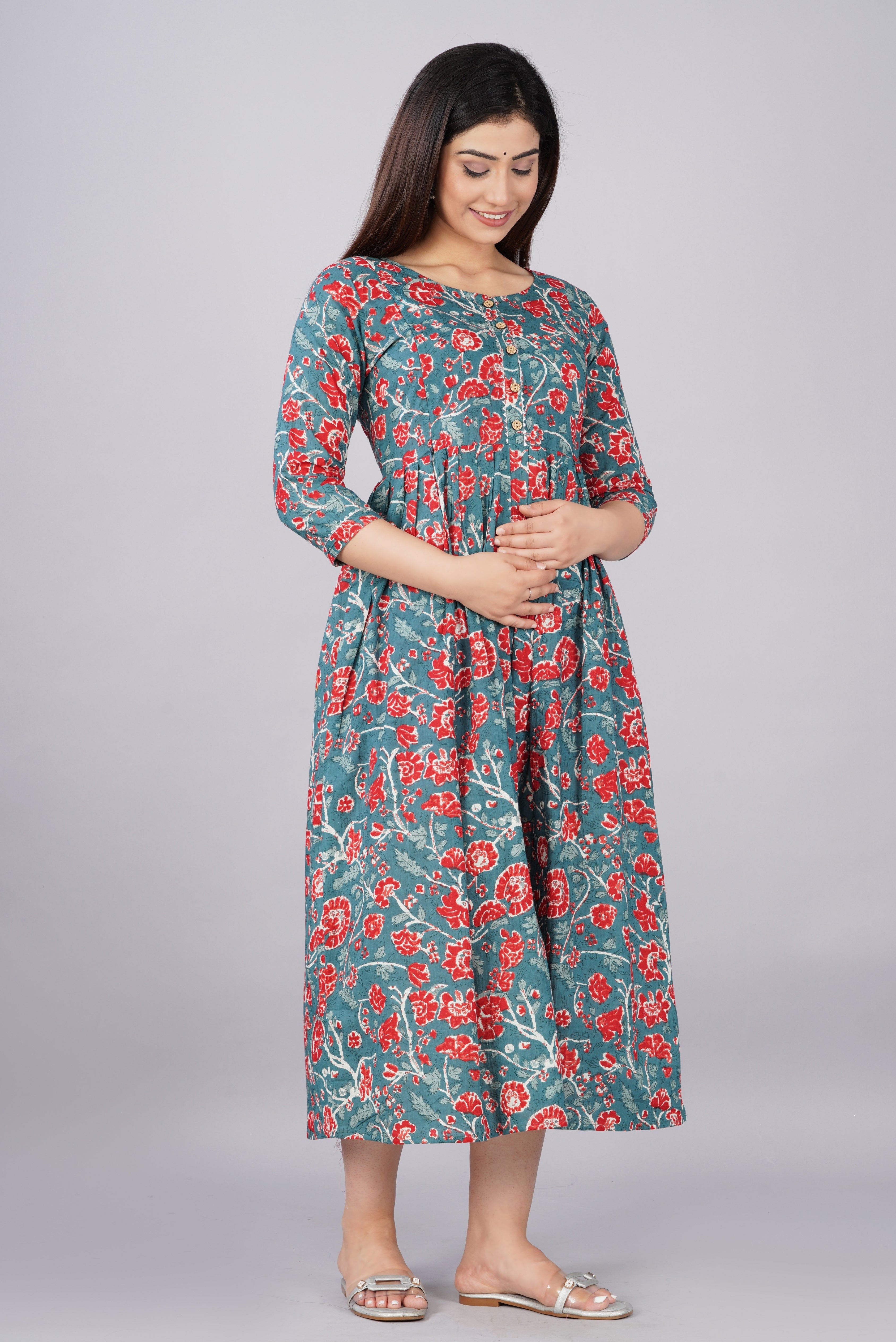 Majestic divas Cotton Teal Blue Red Floral Printed Maternity Feeding Kurta Dress with Dual Zippers Main image