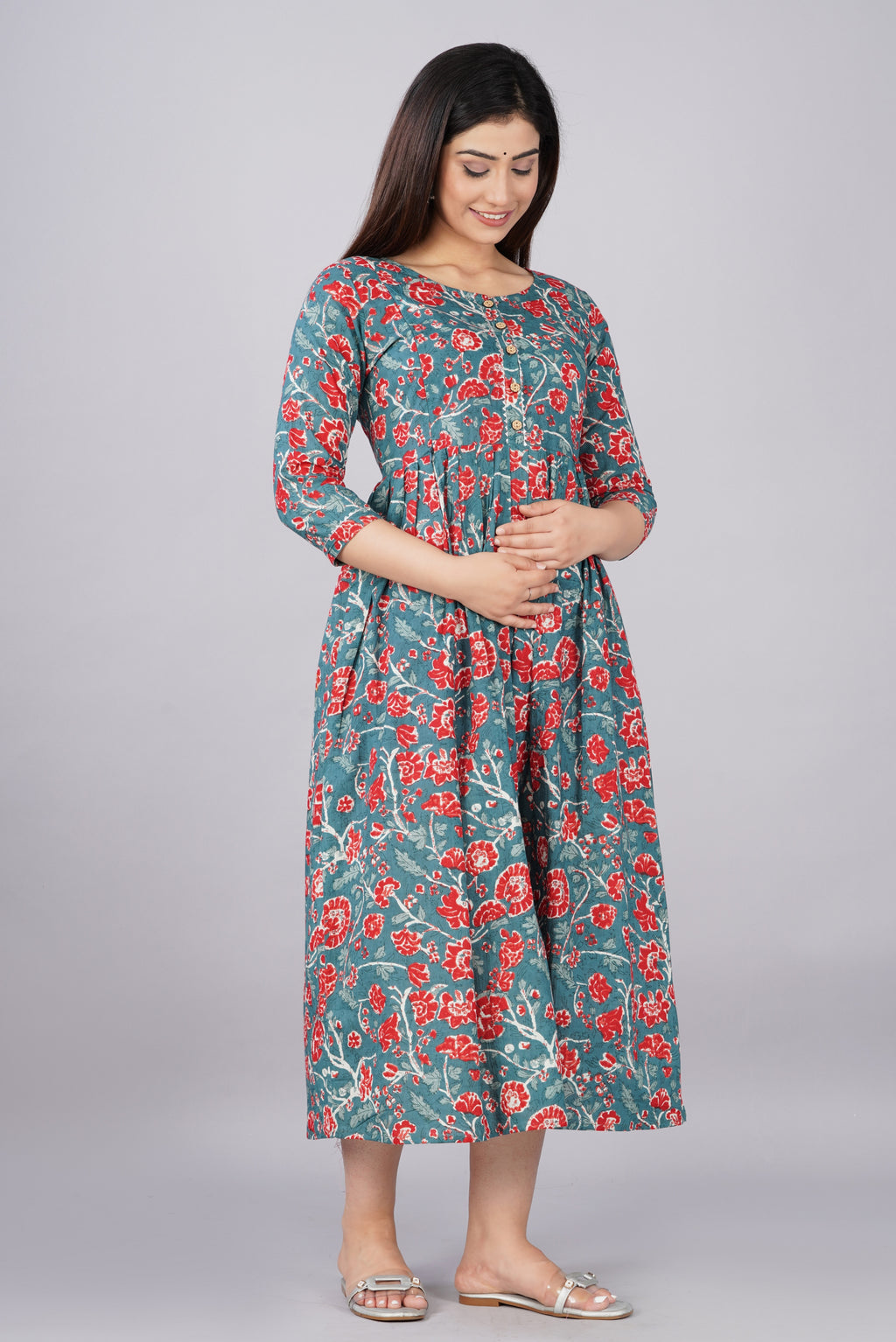 Majestic divas Cotton Teal Blue Red Floral Printed Maternity Feeding Kurta Dress with Dual Zippers