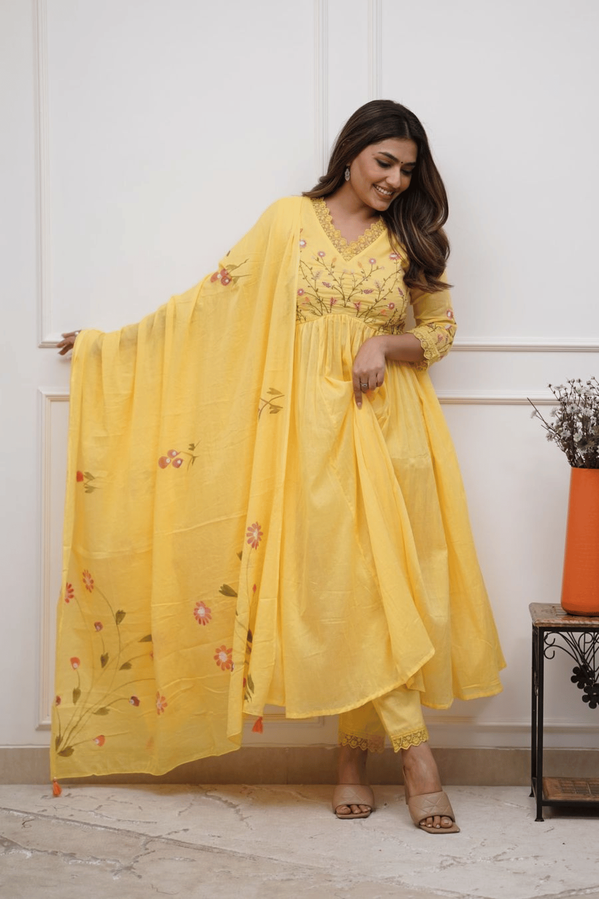 Majestic Divas Sunlit Bloom Yellow Anarkali Dupatta Set