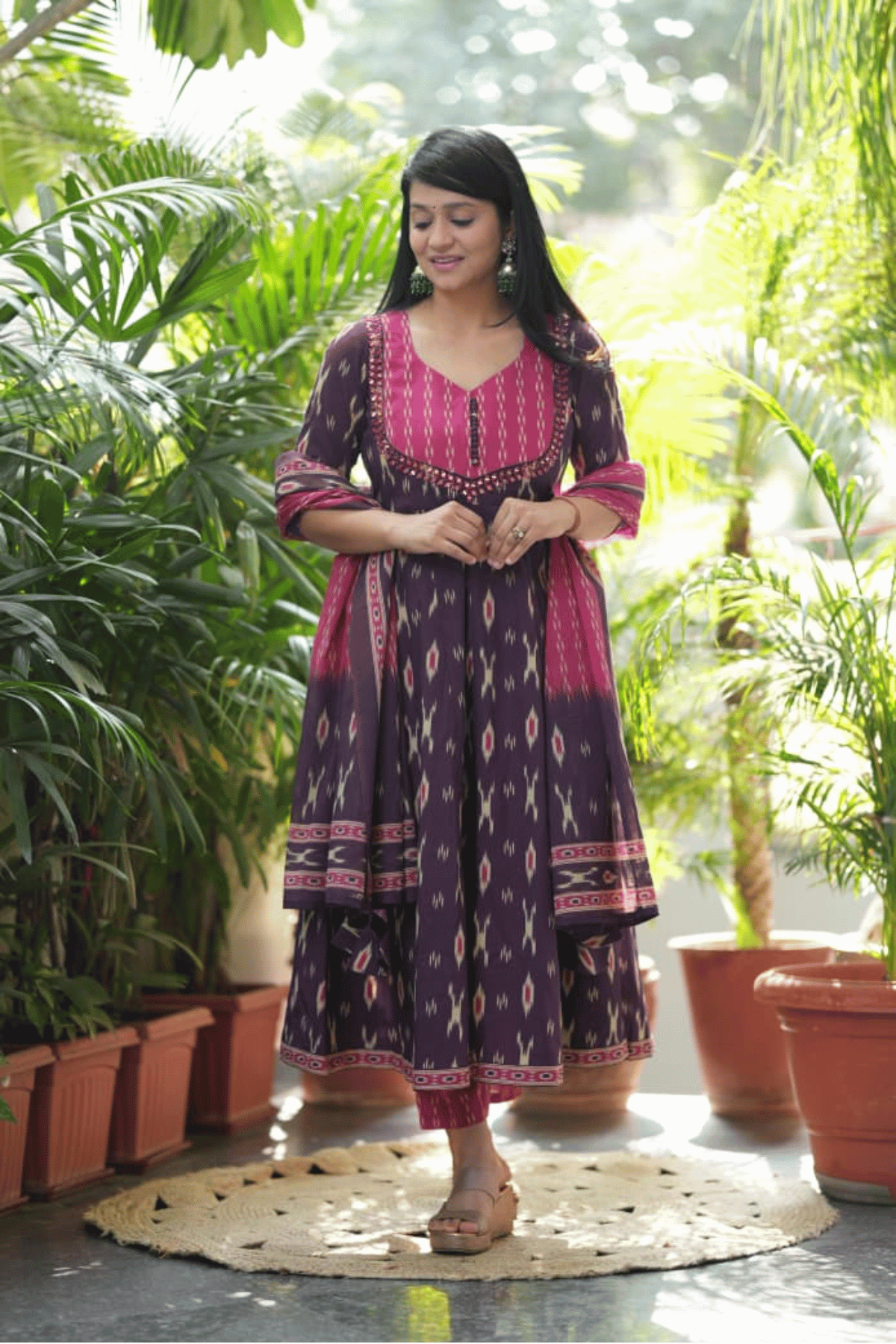 Majestic Diva Purple Ikat Print Anarkali Dupatta Set