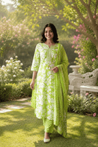 Majestic Diva's Lime Green Floral Printed Dupatta Set