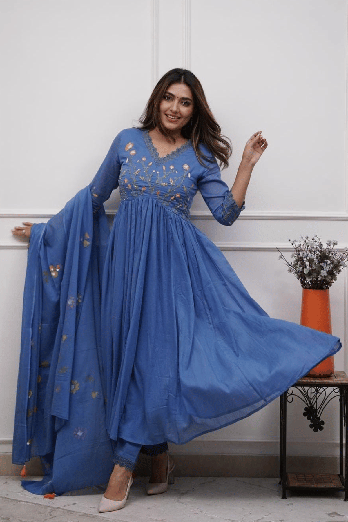 Majestic Divas Azure Blossom Embroidered Anarkali Dupatta Set