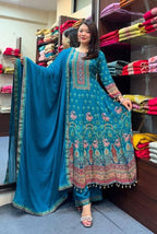 Teal Blue Pure Chinnon Rajasthani Full Anarkali Dupatta Set  with Mirror & Handwork