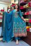Teal Blue Pure Chinnon Rajasthani Full Anarkali Dupatta Set  with Mirror & Handwork
