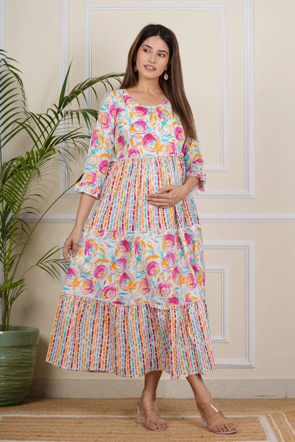 Majestic Diva's Multicolour Floral Printed Cotton Maternity Dress
