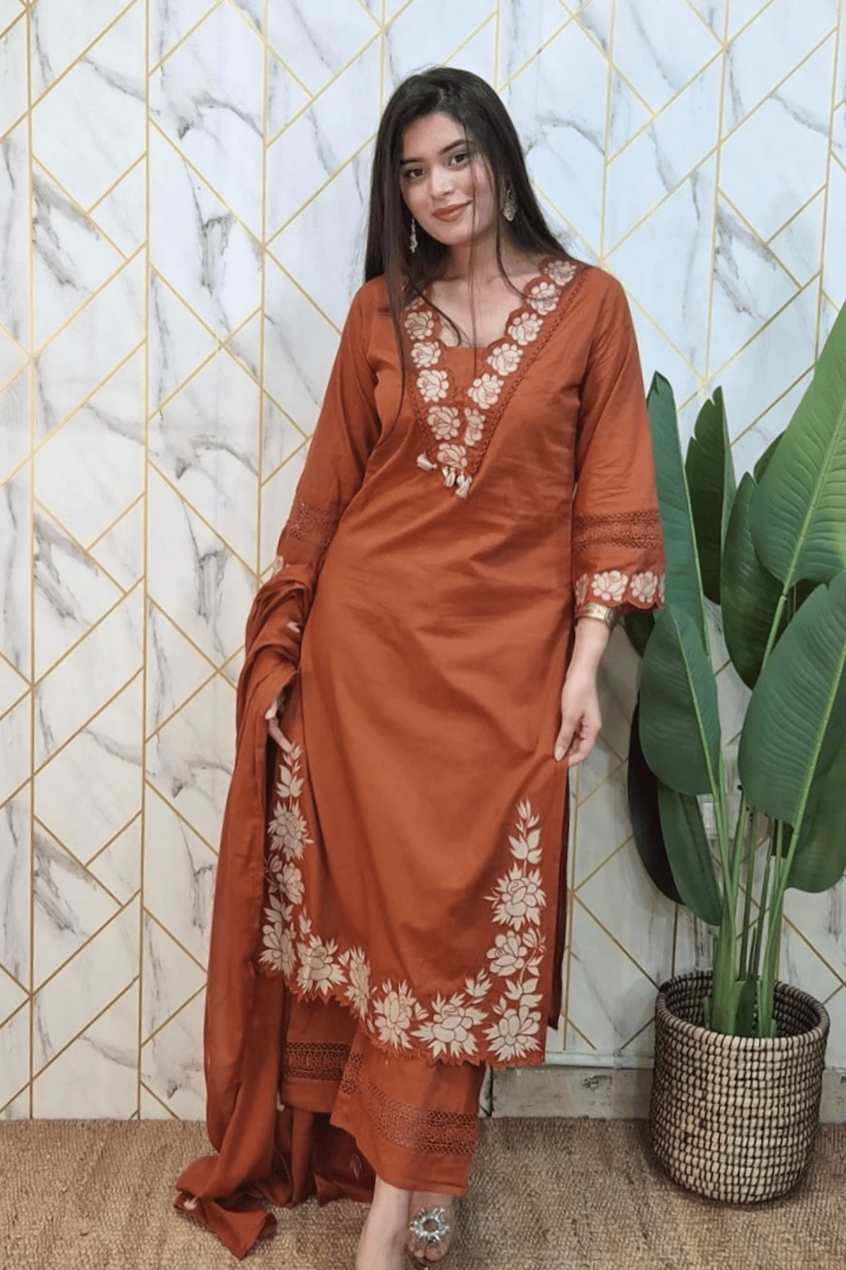 Majestic Diva Rust Brown Floral Embroidered Kurta Set with Dupatta Main image
