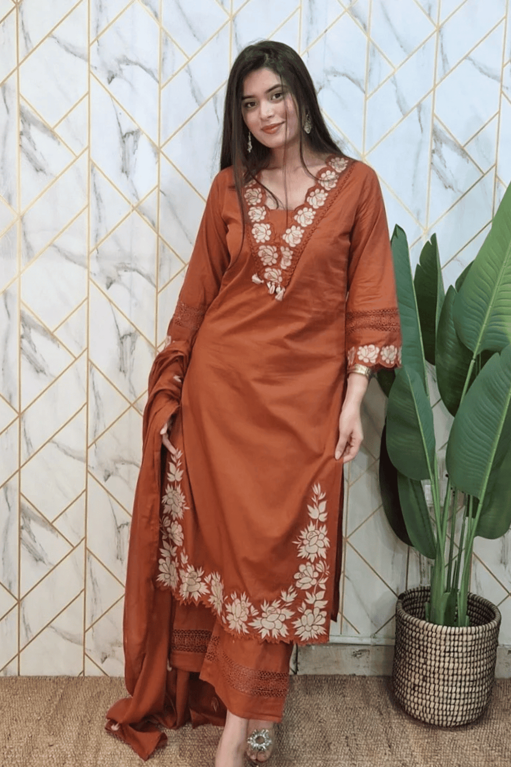 Majestic Diva Rust Brown Floral Embroidered Kurta Set with Dupatta
