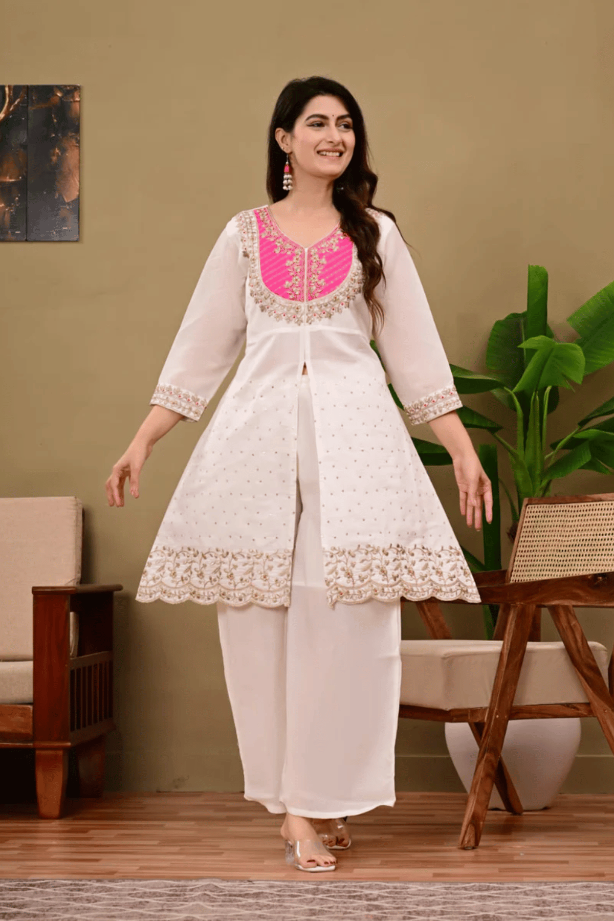 Majestic Diva's White With Pink & Golden Embroidered Co-Ord Set Main image