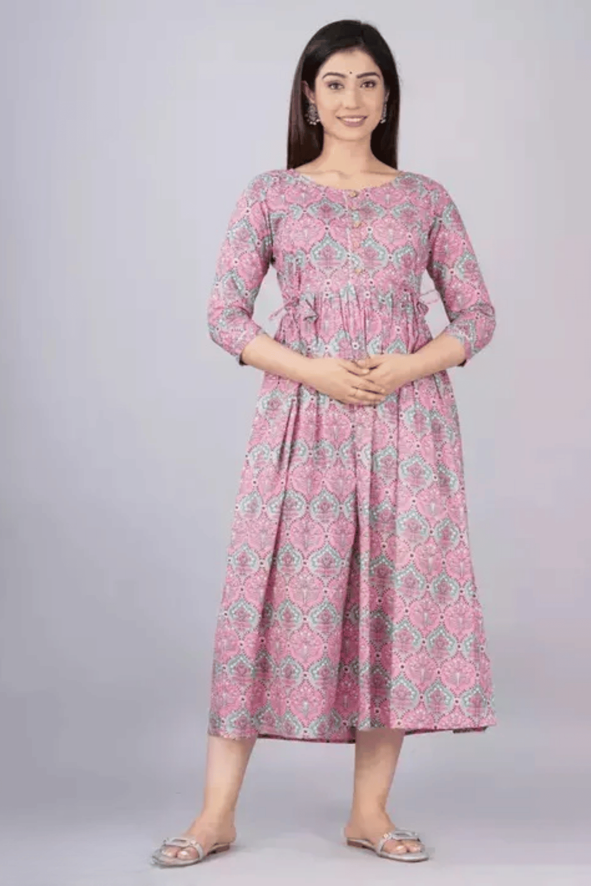 Majestic divas Cotton Lavender Floral Maternity Feeding Kurta Dress with Dual Zippers Main image