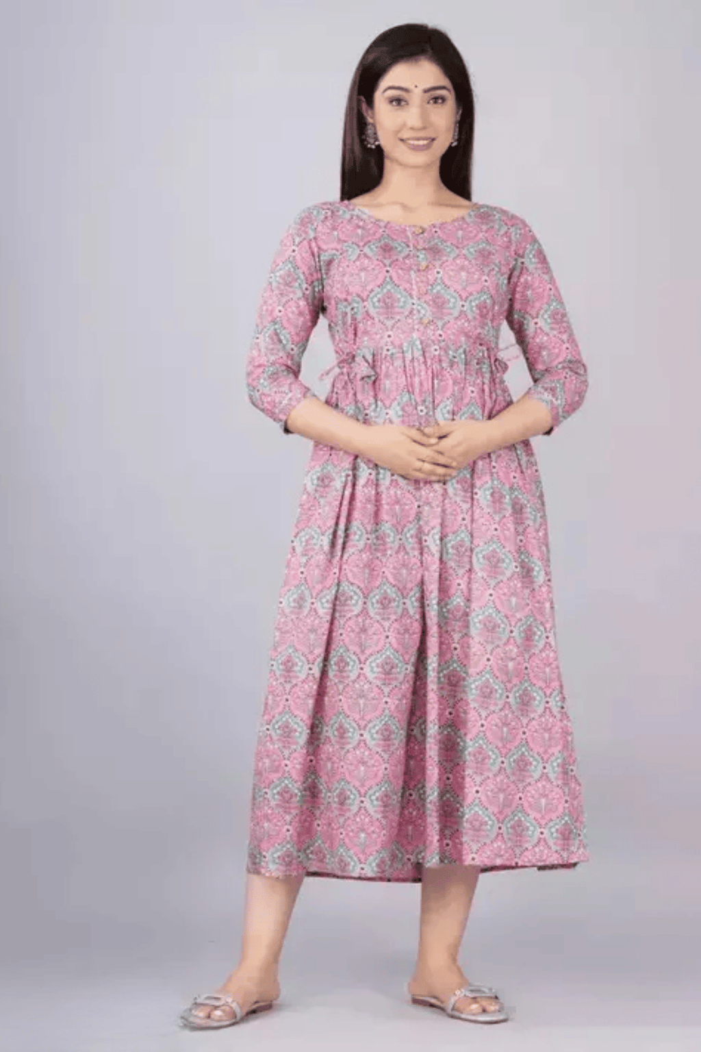 Majestic divas Cotton Lavender Floral Maternity Feeding Kurta Dress with Dual Zippers