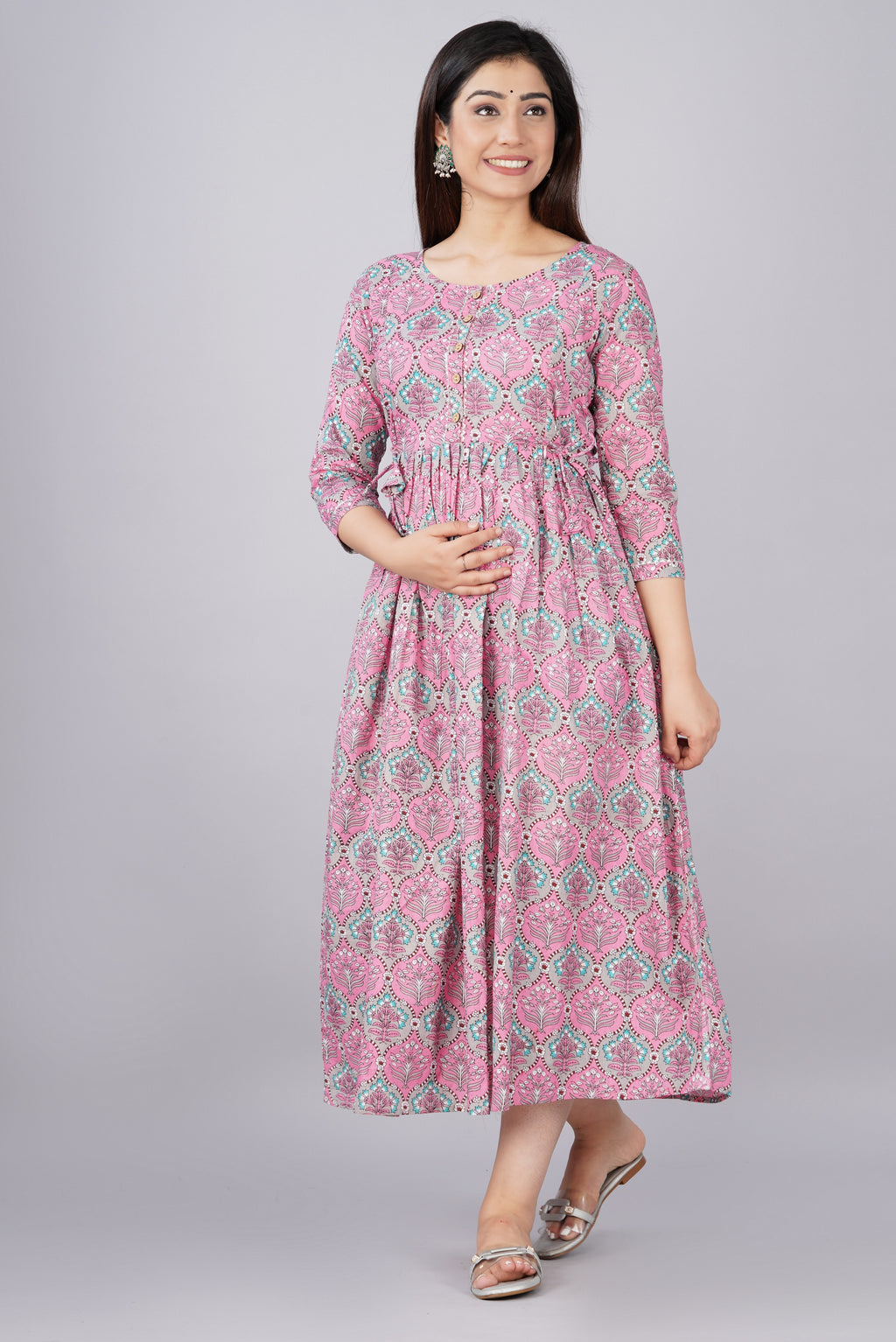 Majestic divas Cotton Pink Blue Floral Buta Printed Maternity Feeding Kurta Dress with Dual Zippers