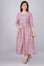 Majestic divas Cotton Pink Blue Floral Buta Printed Maternity Feeding Kurta Dress with Dual Zippers