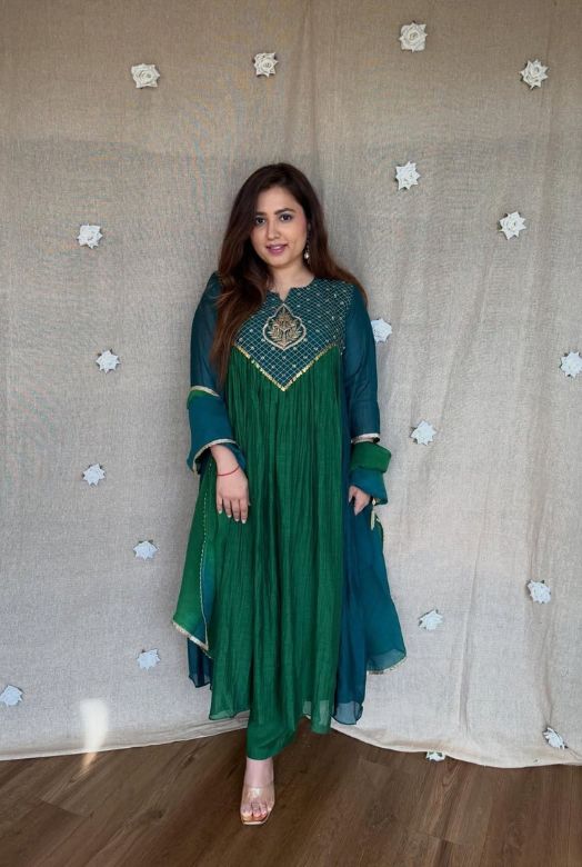 Royal Green Pure Mal Chanderi Anarkali Dupatta Set with Handwork Yoke & 2-Tone Shading