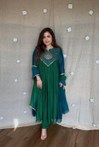 Royal Green Pure Mal Chanderi Anarkali Dupatta Set with Handwork Yoke & 2-Tone Shading