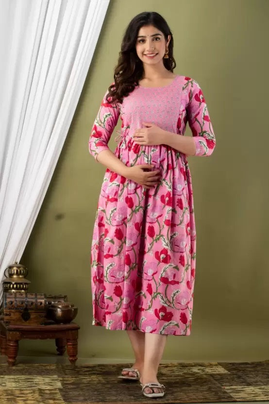 Majestic divas Cotton Rose Pink Floral Maternity Feeding Kurta Dress with Dual Zippers