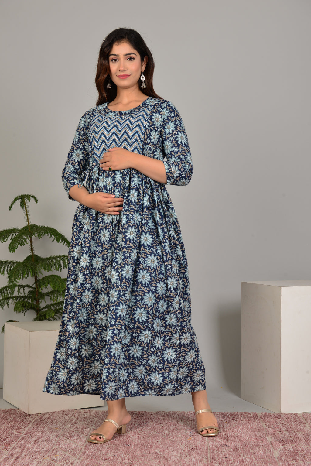 Majestic divas Cotton Navy Blue Floral Printed Maternity Feeding Kurta Dress with Dual Zippers