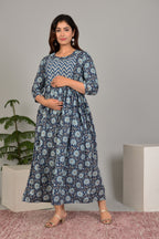 Majestic divas Cotton Navy Blue Floral Printed Maternity Feeding Kurta Dress with Dual Zippers
