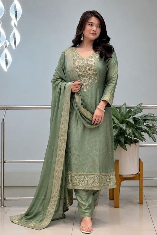 Sage Green Pure Malay Glass Tissue Kanjivaram Handwork Dupatta Set  with Jacquard Dupatta