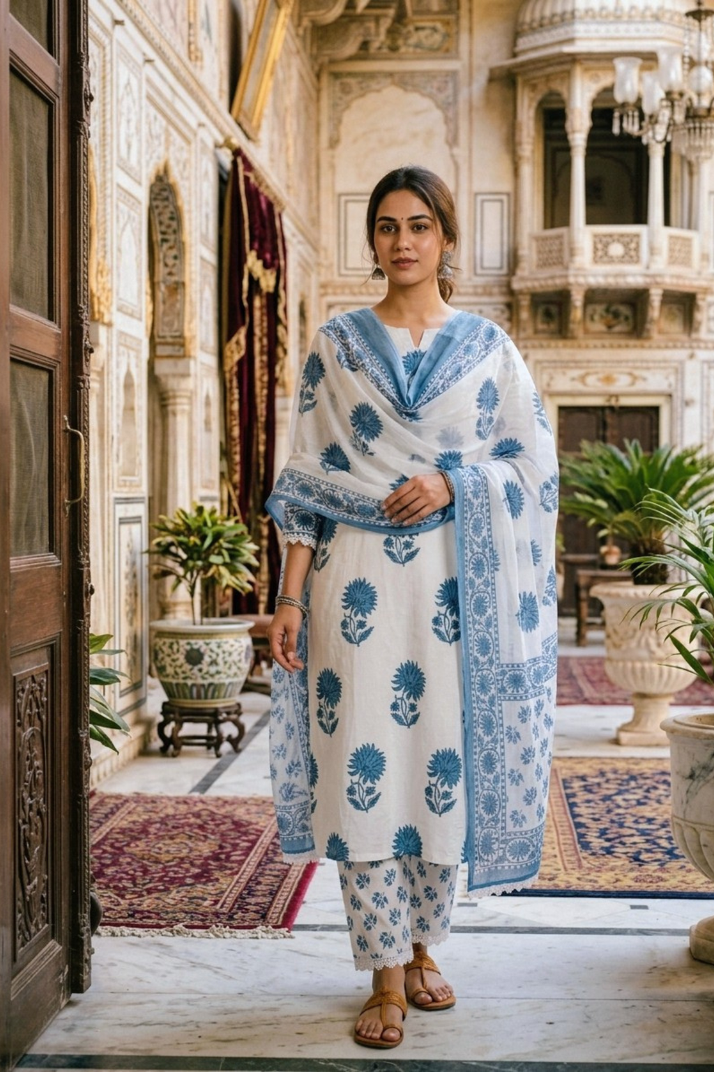 Majestic Diva's White & Blue Floral Printed Dupatta Set