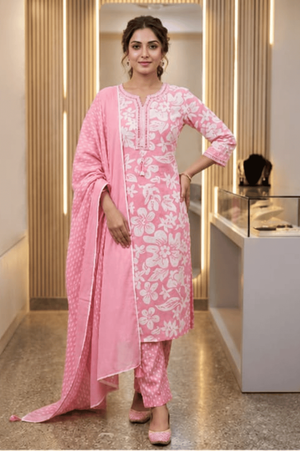 Majestic Diva's Baby Pink Floral Printed Dupatta Set