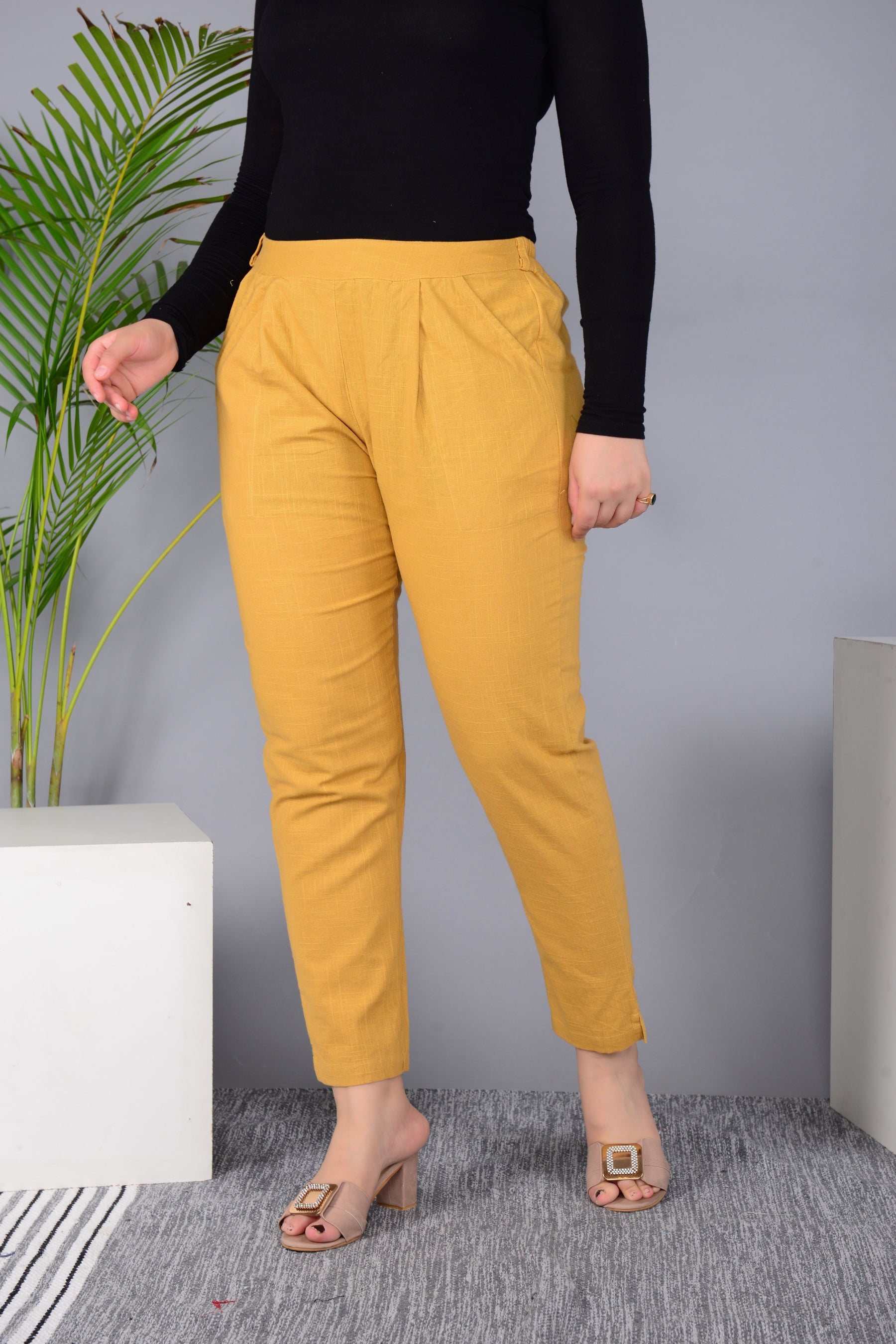 Majestic Diva's Women’s High Waist Mustard Yellow Tapered Pants